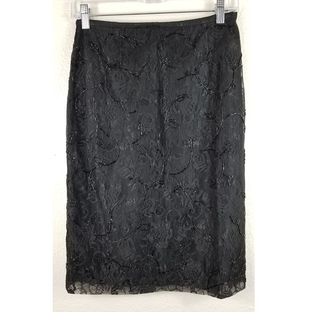 Ann Taylor Black Rose Design Lace Overlay Beaded Women's Skirt 4